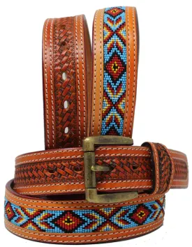 Western Floral Tooled Beaded Full-Grain Leather Belt