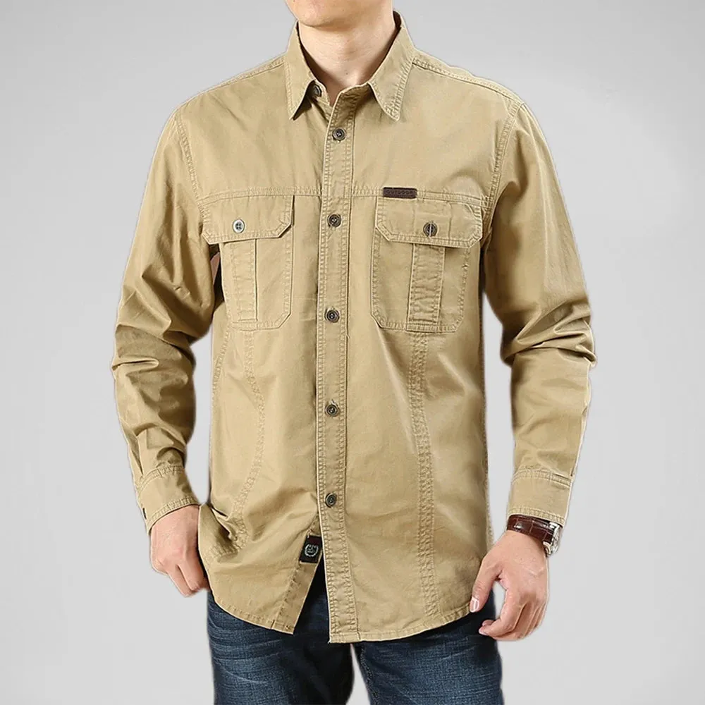 Wiaofellas  -  100% Cotton Men's Shirt Solid Color Multi-Pocket High Quality Cargo Shirts Fashion Outdoor Casual Long Sleeve Shirts For Men New