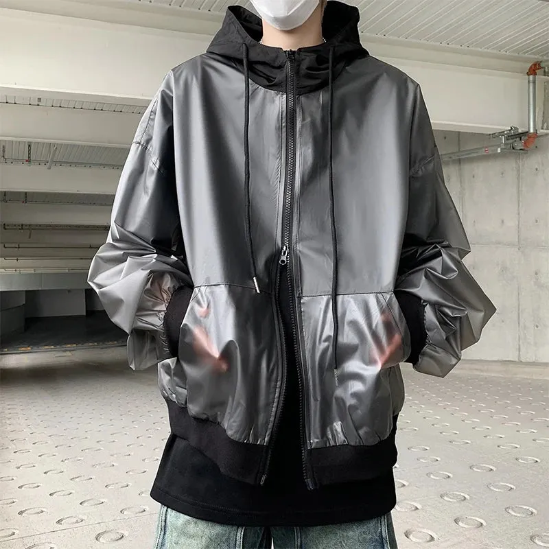 Wiaofellas  -  Korean Chic New Spring Transparent Hooded Jacket Men High Quality PU Casual Loose Jackets Male Streetwear Oversized Coat