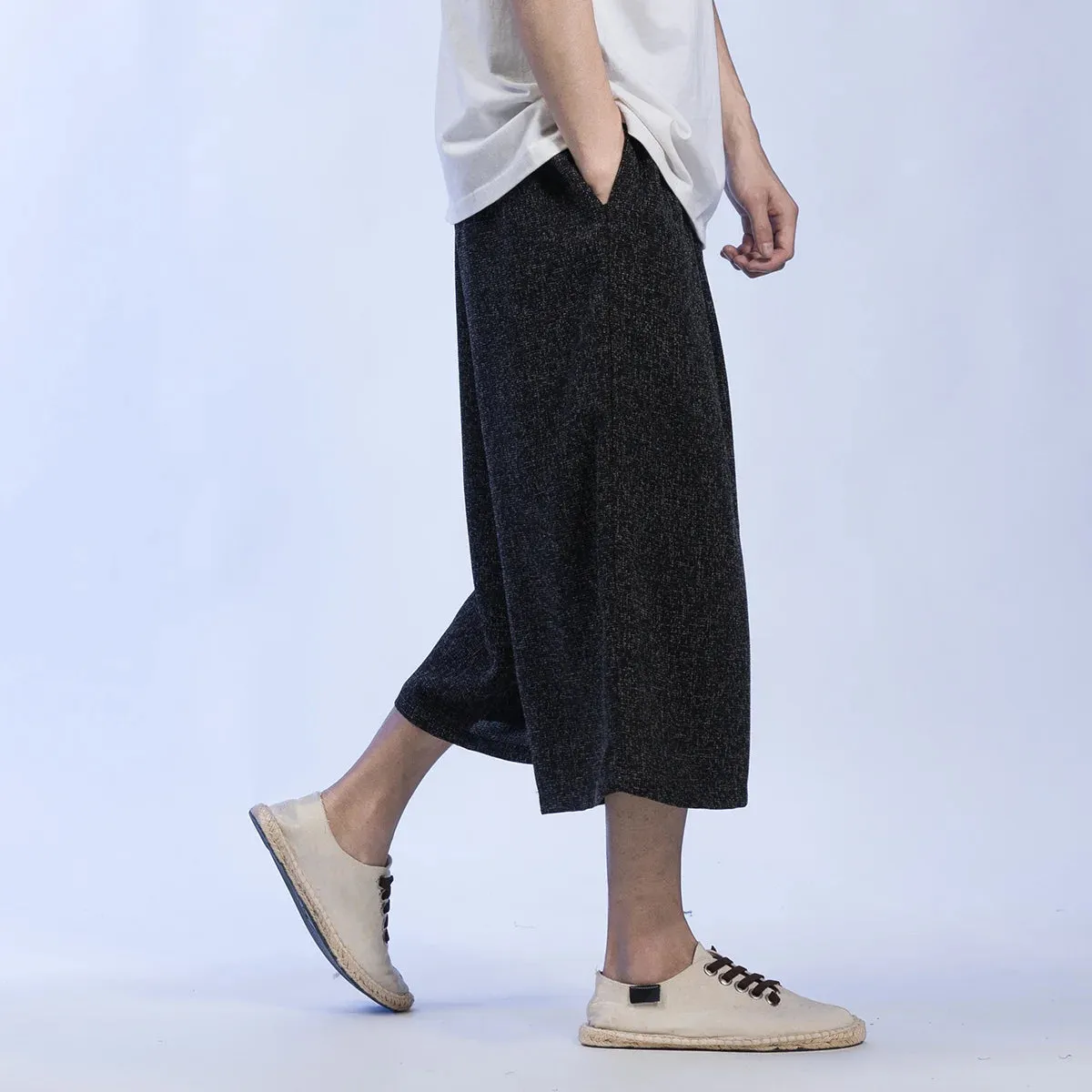 Wiaofellas  -  Summer Chinese Style Text Embroidery Loose Plus Size Casual Wide Pants Ethnic Style Straight Leg Cropped Pants Men Clothing