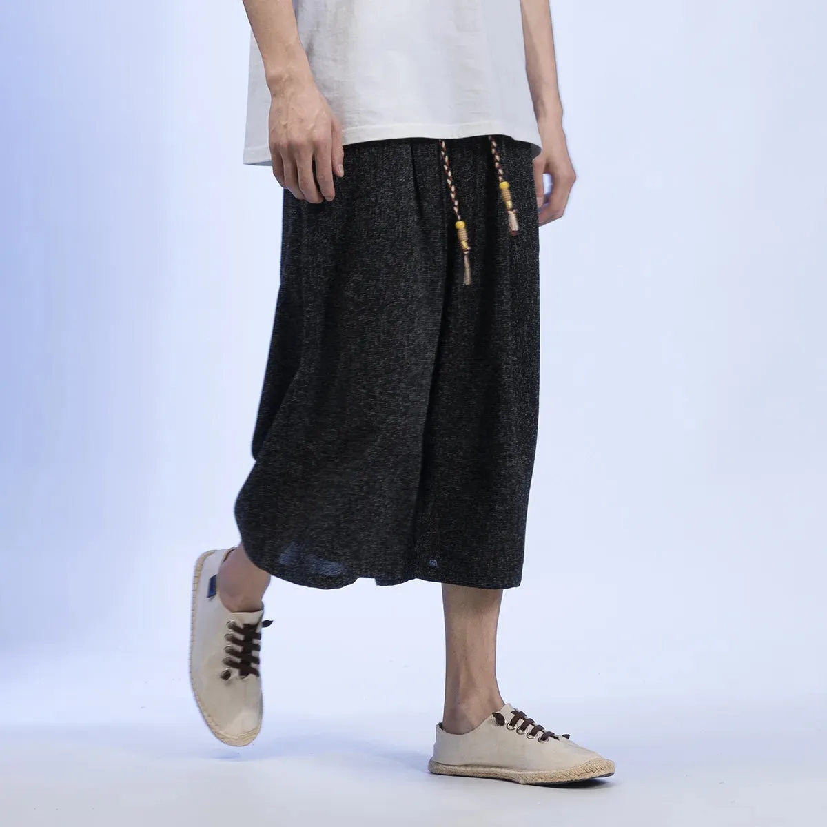 Wiaofellas  -  Summer Chinese Style Text Embroidery Loose Plus Size Casual Wide Pants Ethnic Style Straight Leg Cropped Pants Men Clothing