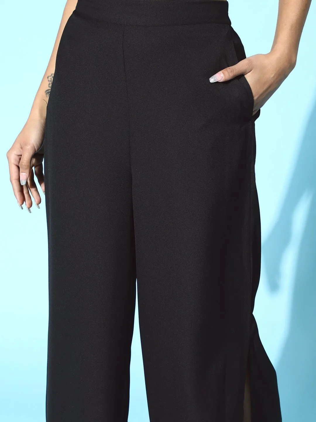 Women Black Side Slit Peekaboo Comfort Pants