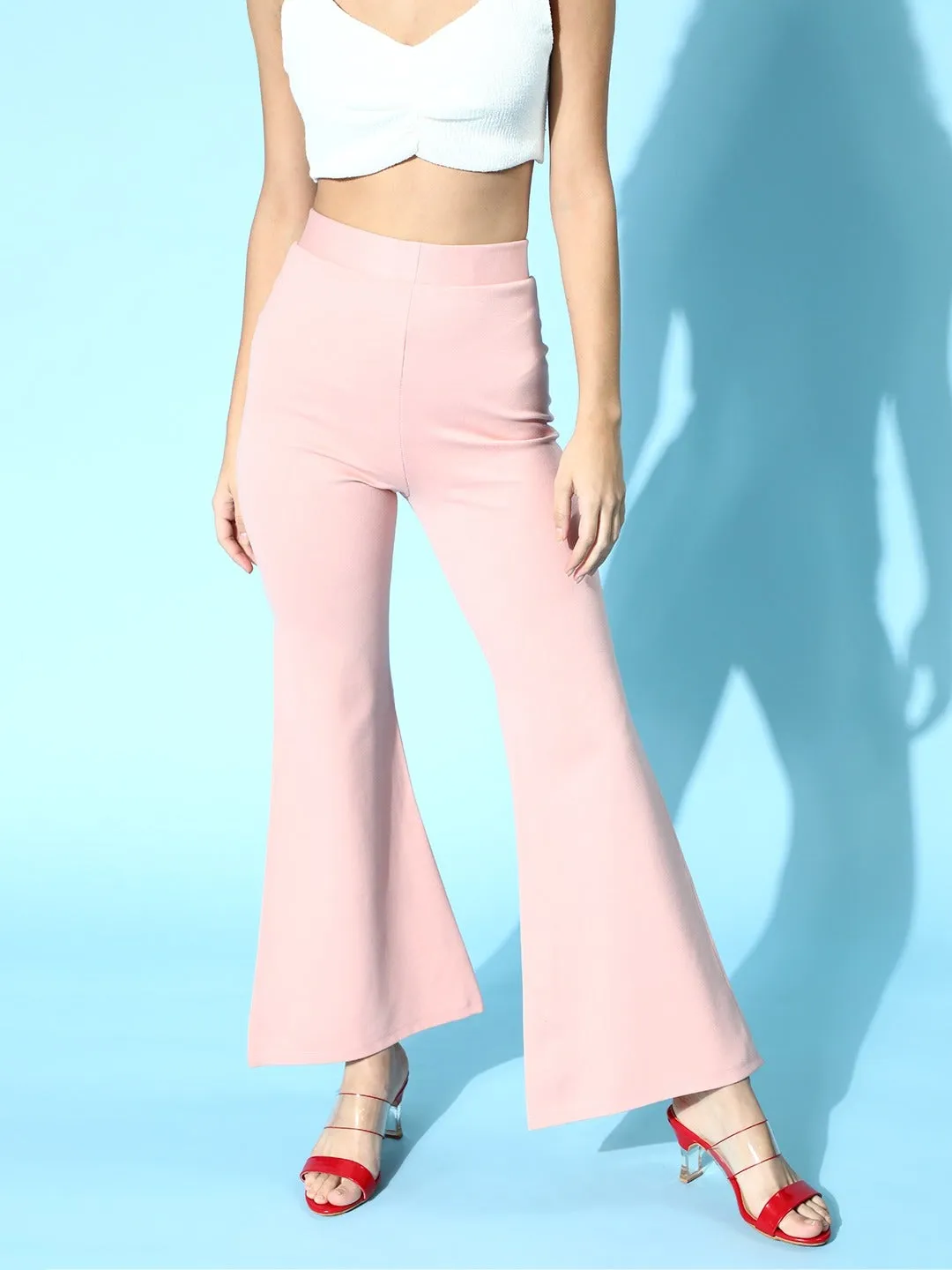 Women Dusty Pink Side Slit Peekaboo Bell Bottom Pants