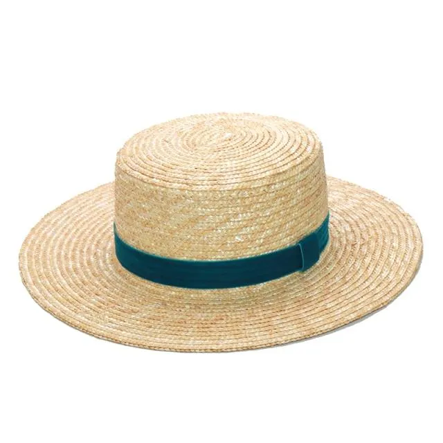 Women Fashionable Velvet Ribbon Straw Hat Flat Top Summer Sun Hats