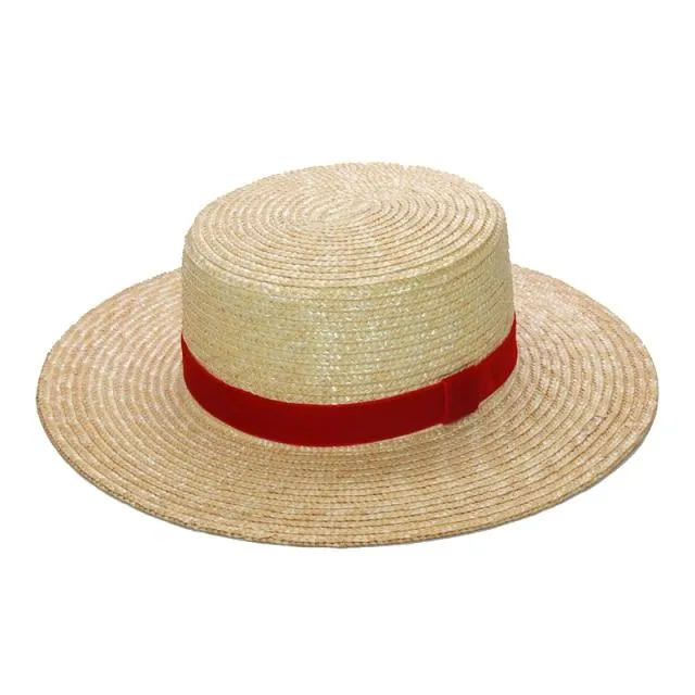 Women Fashionable Velvet Ribbon Straw Hat Flat Top Summer Sun Hats