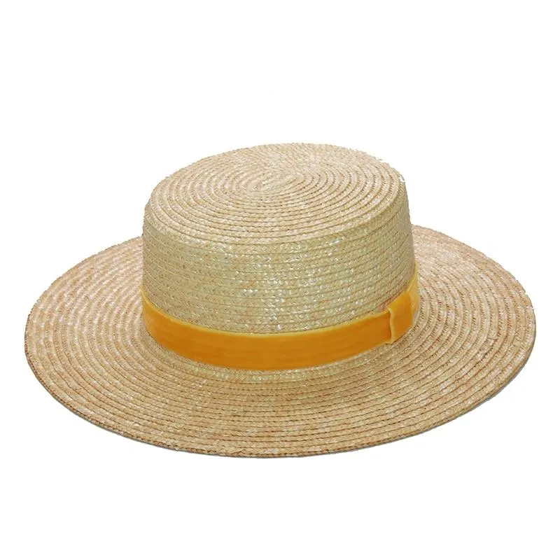 Women Fashionable Velvet Ribbon Straw Hat Flat Top Summer Sun Hats