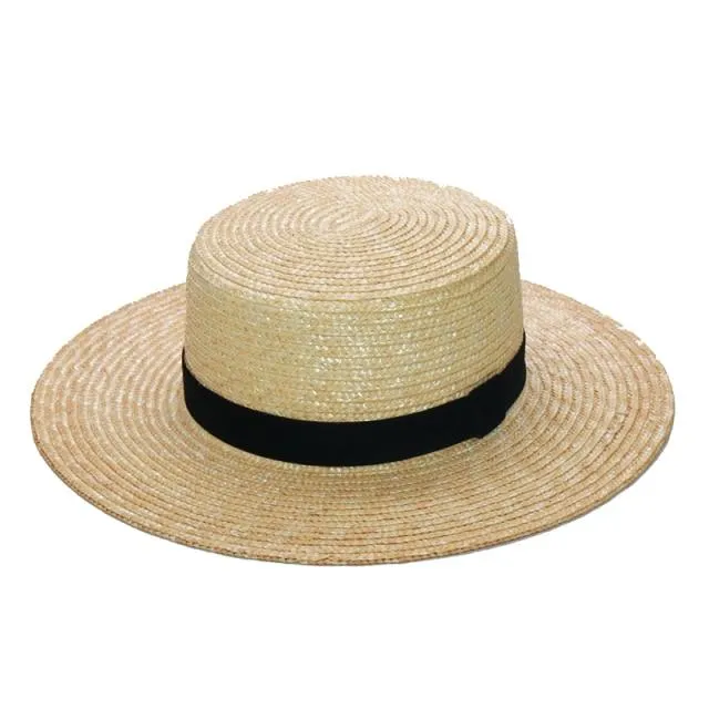 Women Fashionable Velvet Ribbon Straw Hat Flat Top Summer Sun Hats