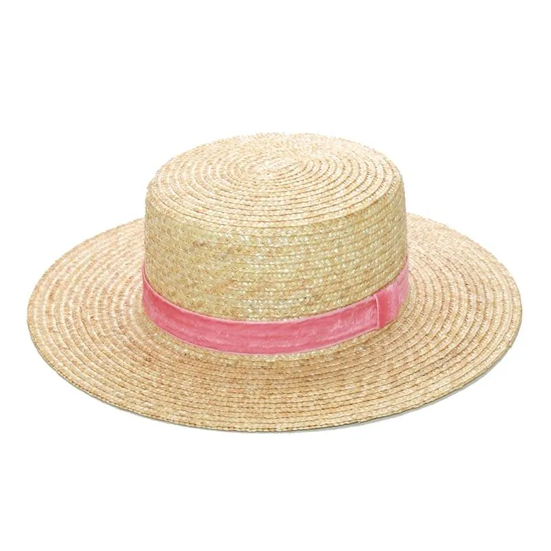 Women Fashionable Velvet Ribbon Straw Hat Flat Top Summer Sun Hats