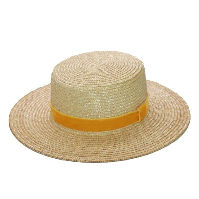 Women Fashionable Velvet Ribbon Straw Hat Flat Top Summer Sun Hats