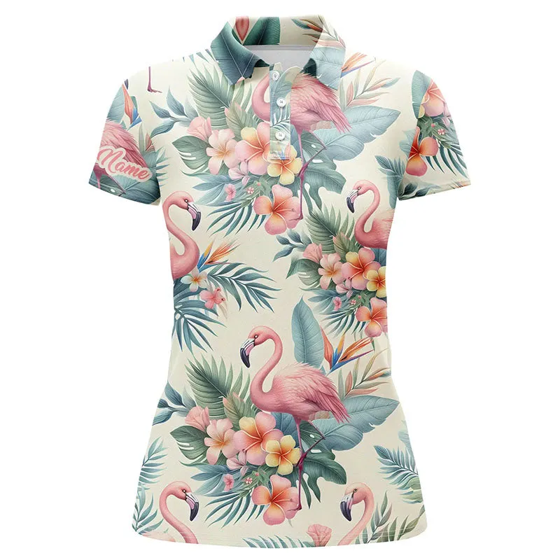 Women Golf Polo Shirt Colorful Floral Flamingo Pattern Tropical Leaves Custom Team Golf Polo Shirts