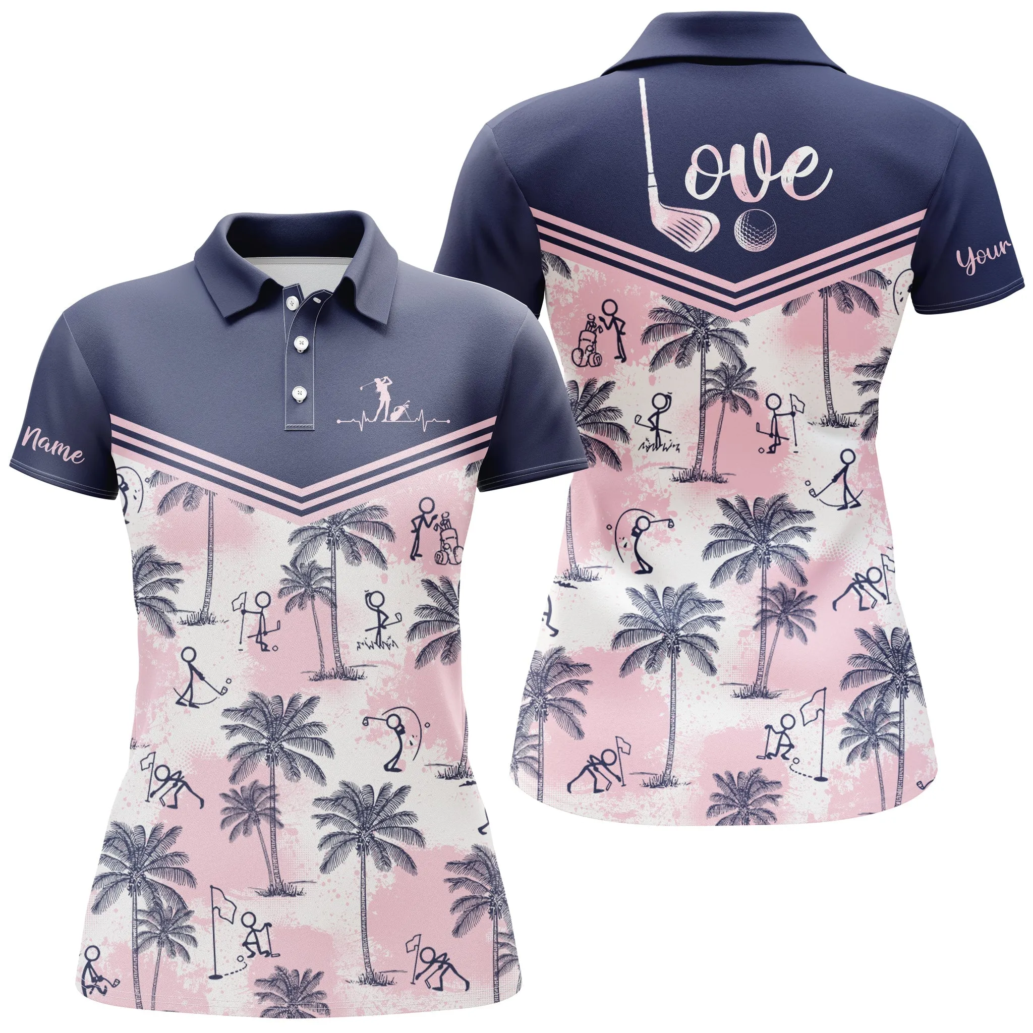 Women Golf Polo Shirt Pink Tropical Pattern Custom Name Love Golf Polo Shirts Gift For Women