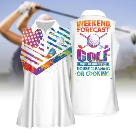 Women Golf Polo Shirt, Tie-Dye American Flag weekend forecast golf Sleeveless Polo Shirt, Women Golf Shirt