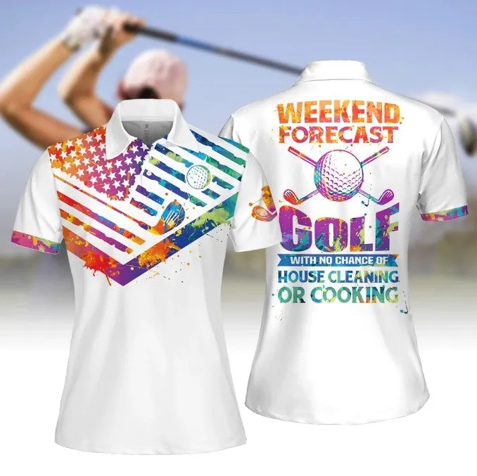 Women Golf Polo Shirt, Tie-Dye American Flag weekend forecast golf Sleeveless Polo Shirt, Women Golf Shirt