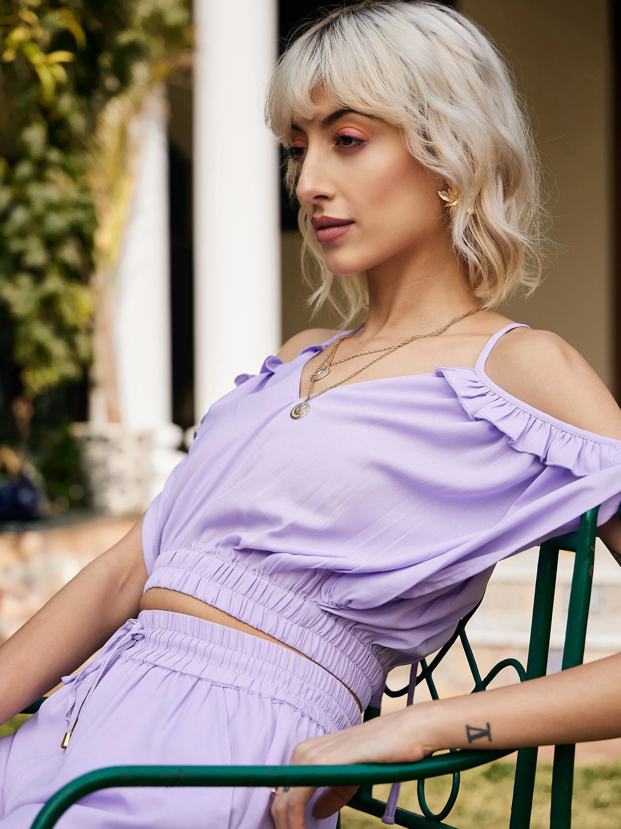 Women Lavender Strappy V-Neck Crop Top With Palazzos