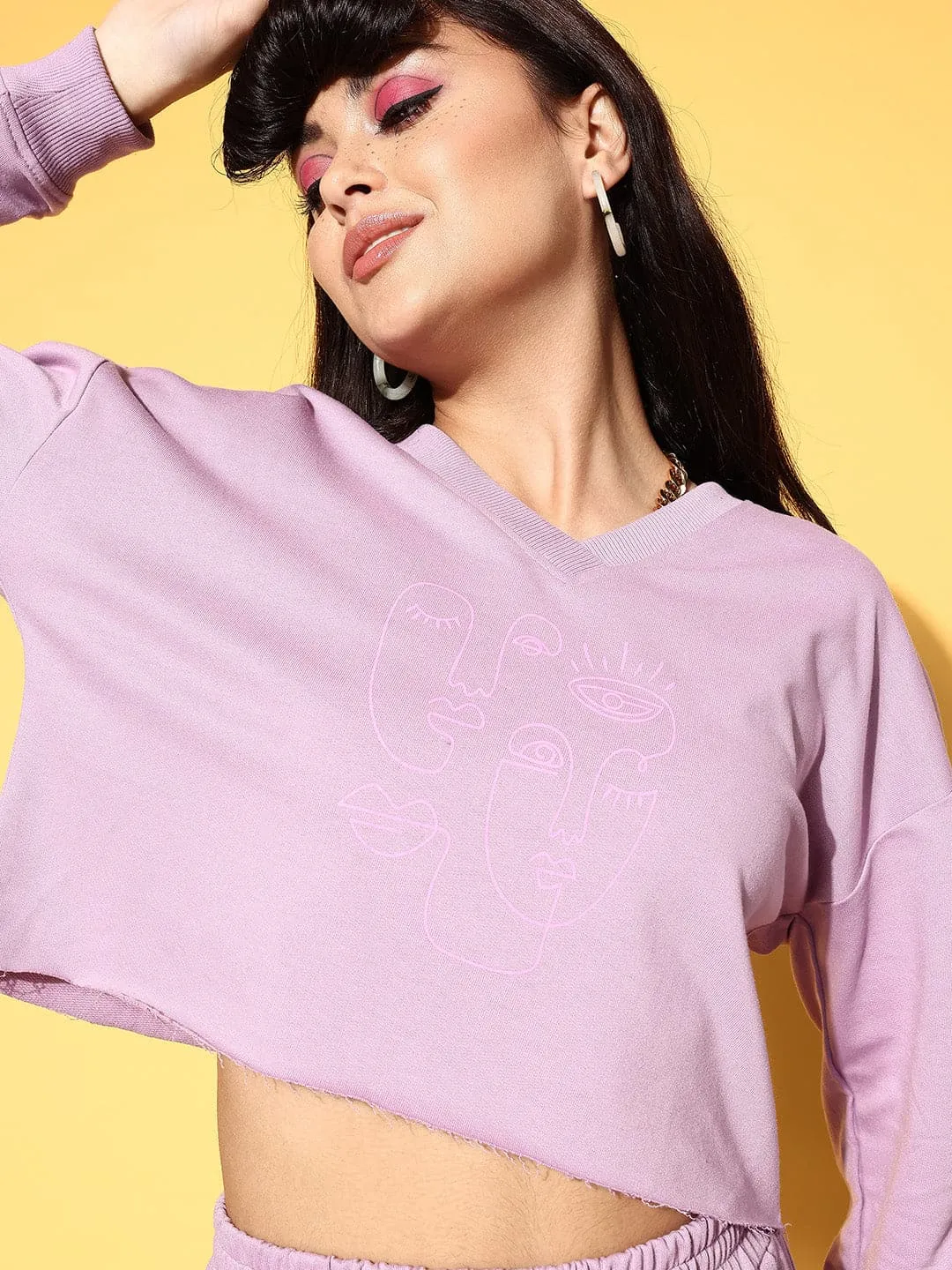 Women Lilac Line Art Crop Terry Sweatshirt With Pants