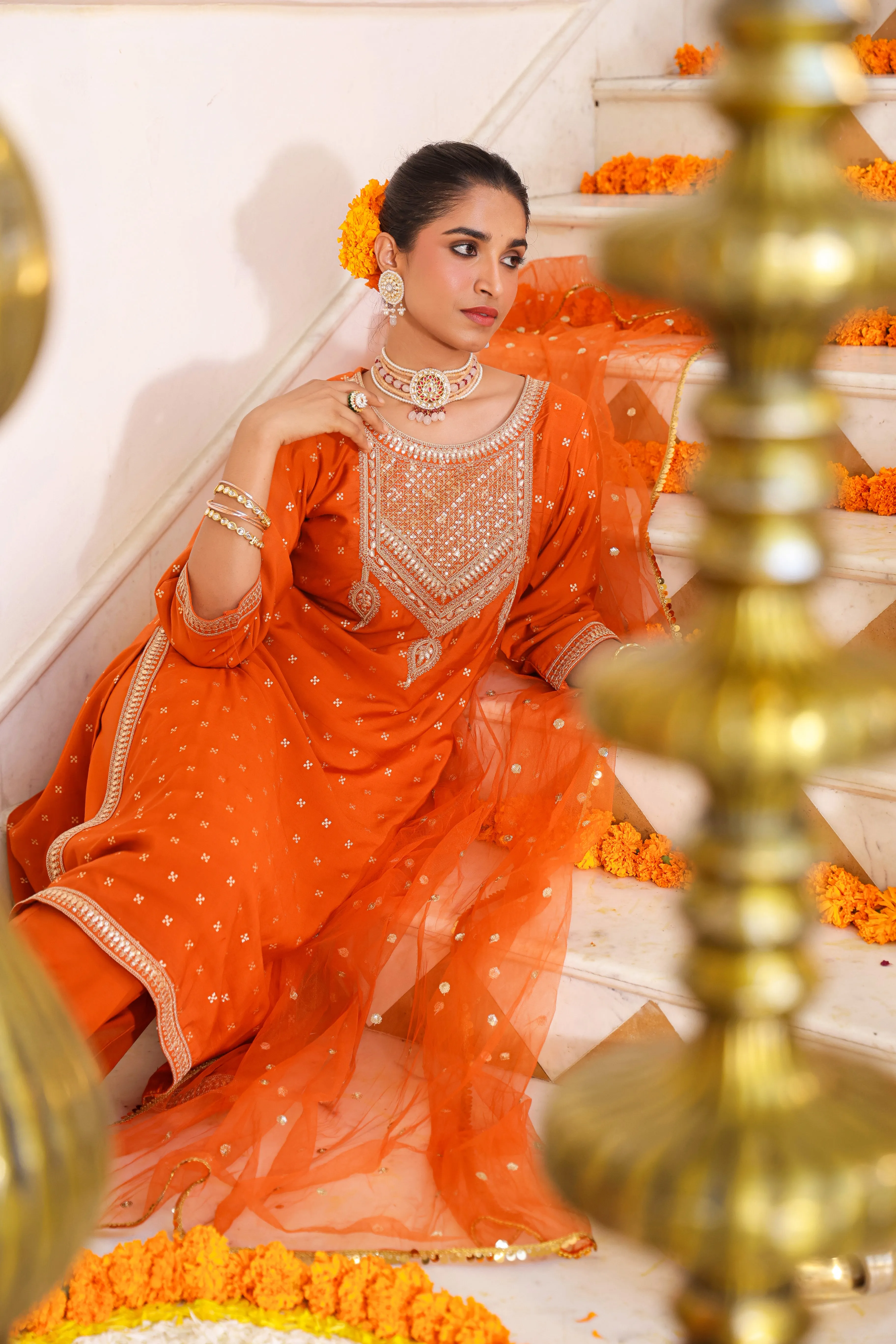 Women Orange Chanderi Embroidered Kurta, Palazzo & Dupatta Set