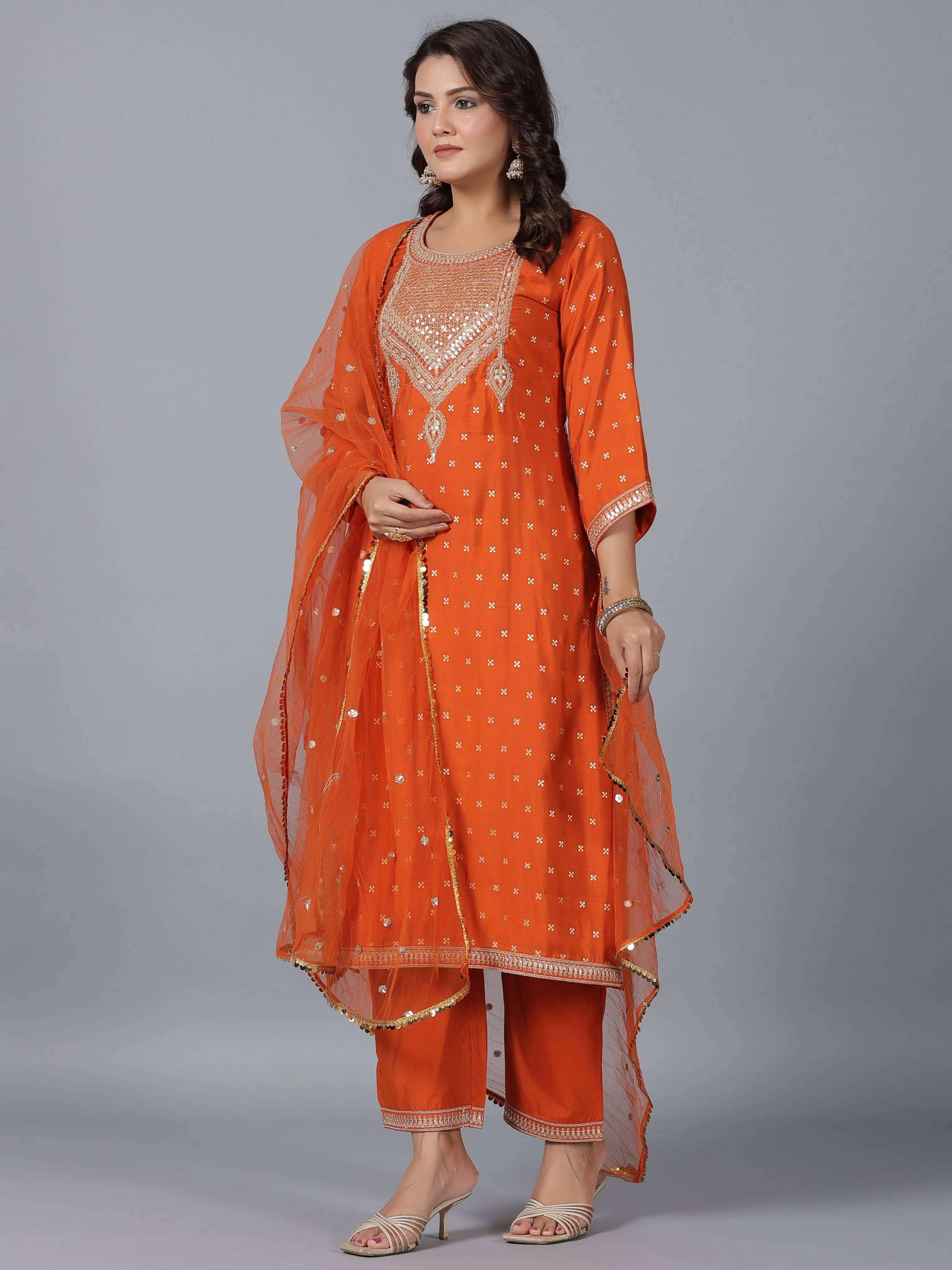 Women Orange Chanderi Embroidered Kurta, Palazzo & Dupatta Set