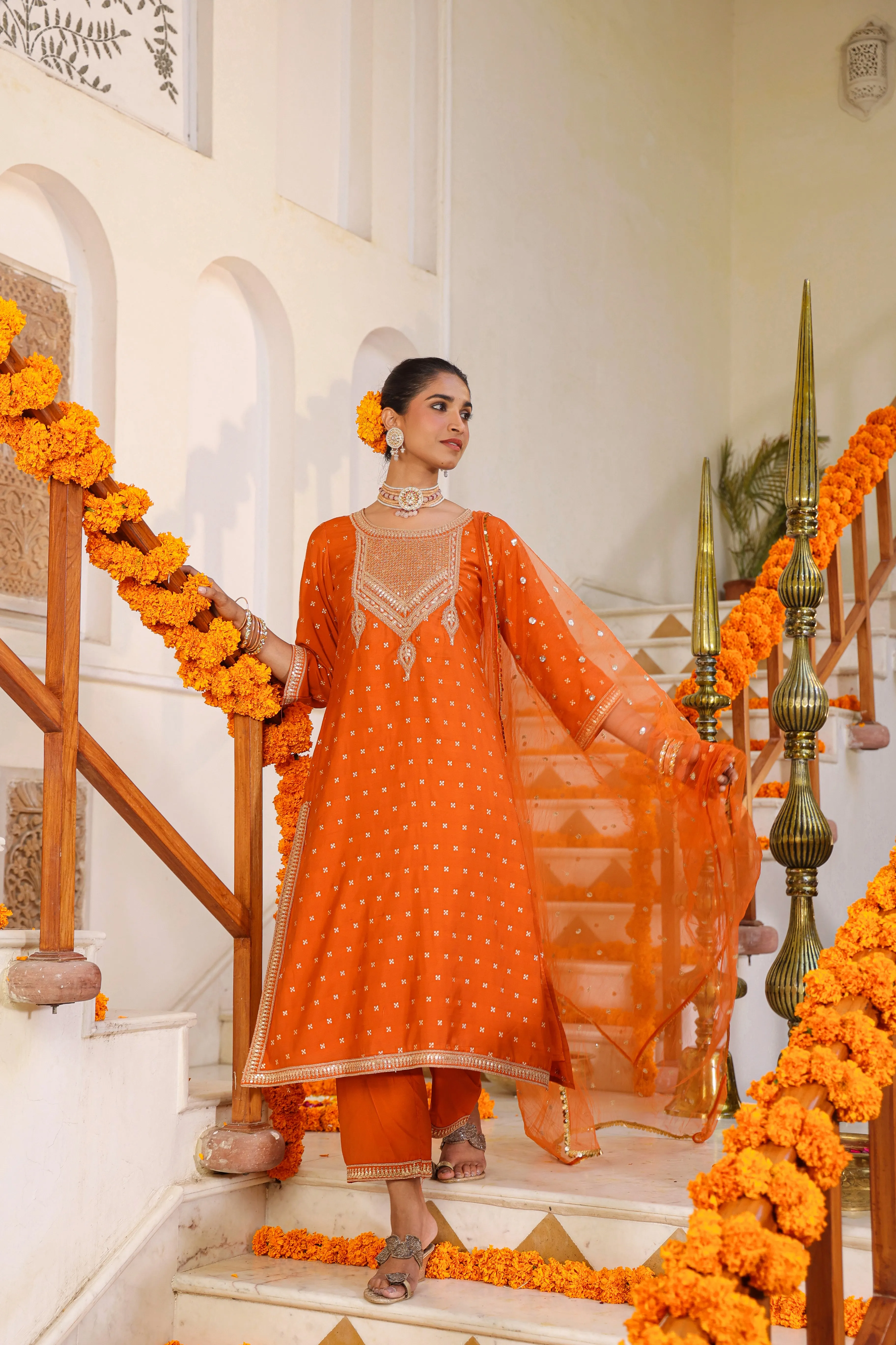 Women Orange Chanderi Embroidered Kurta, Palazzo & Dupatta Set