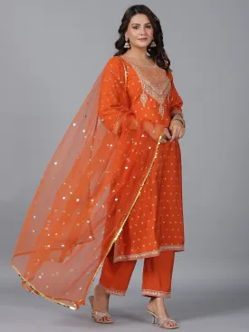 Women Orange Chanderi Embroidered Kurta, Palazzo & Dupatta Set