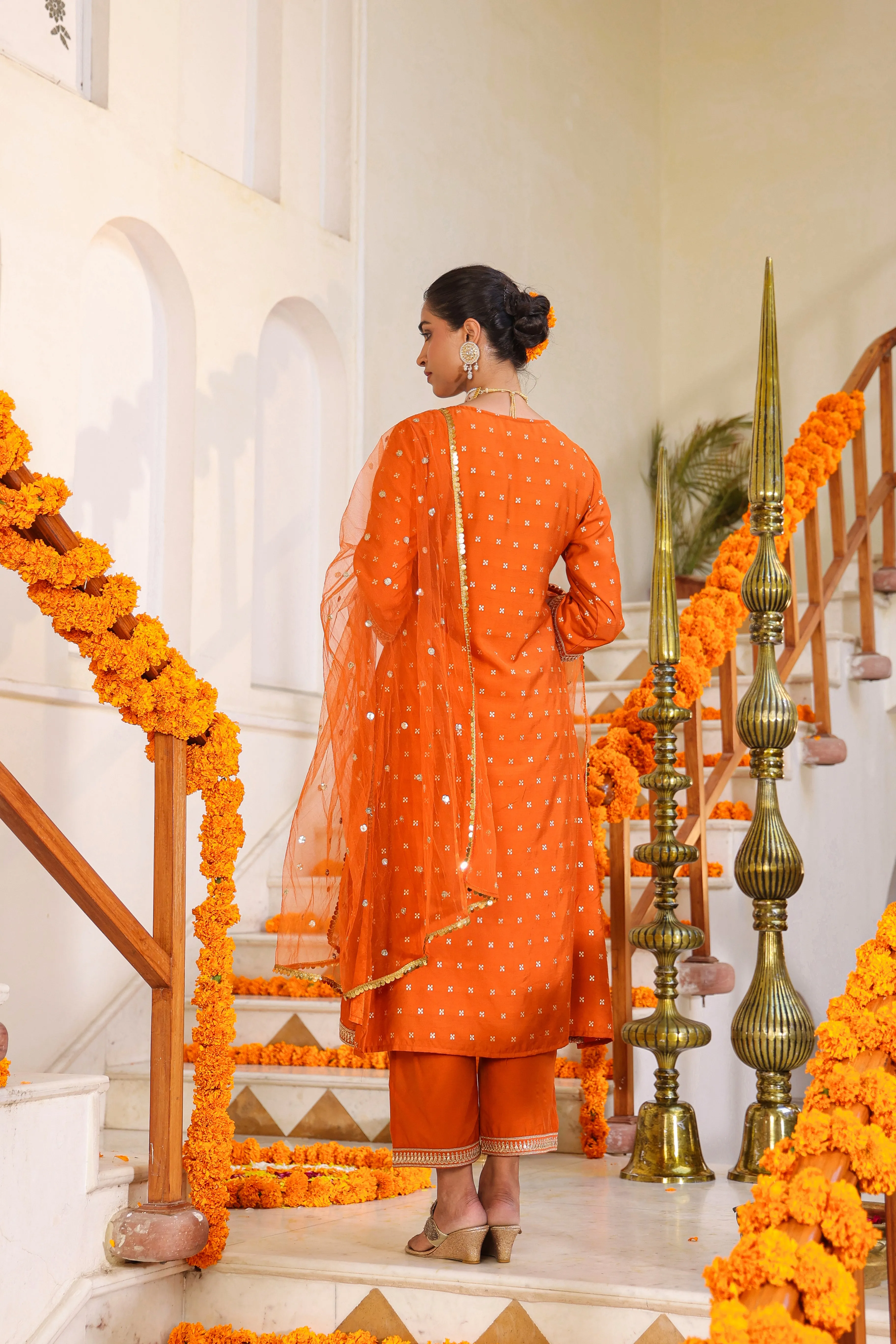 Women Orange Chanderi Embroidered Kurta, Palazzo & Dupatta Set