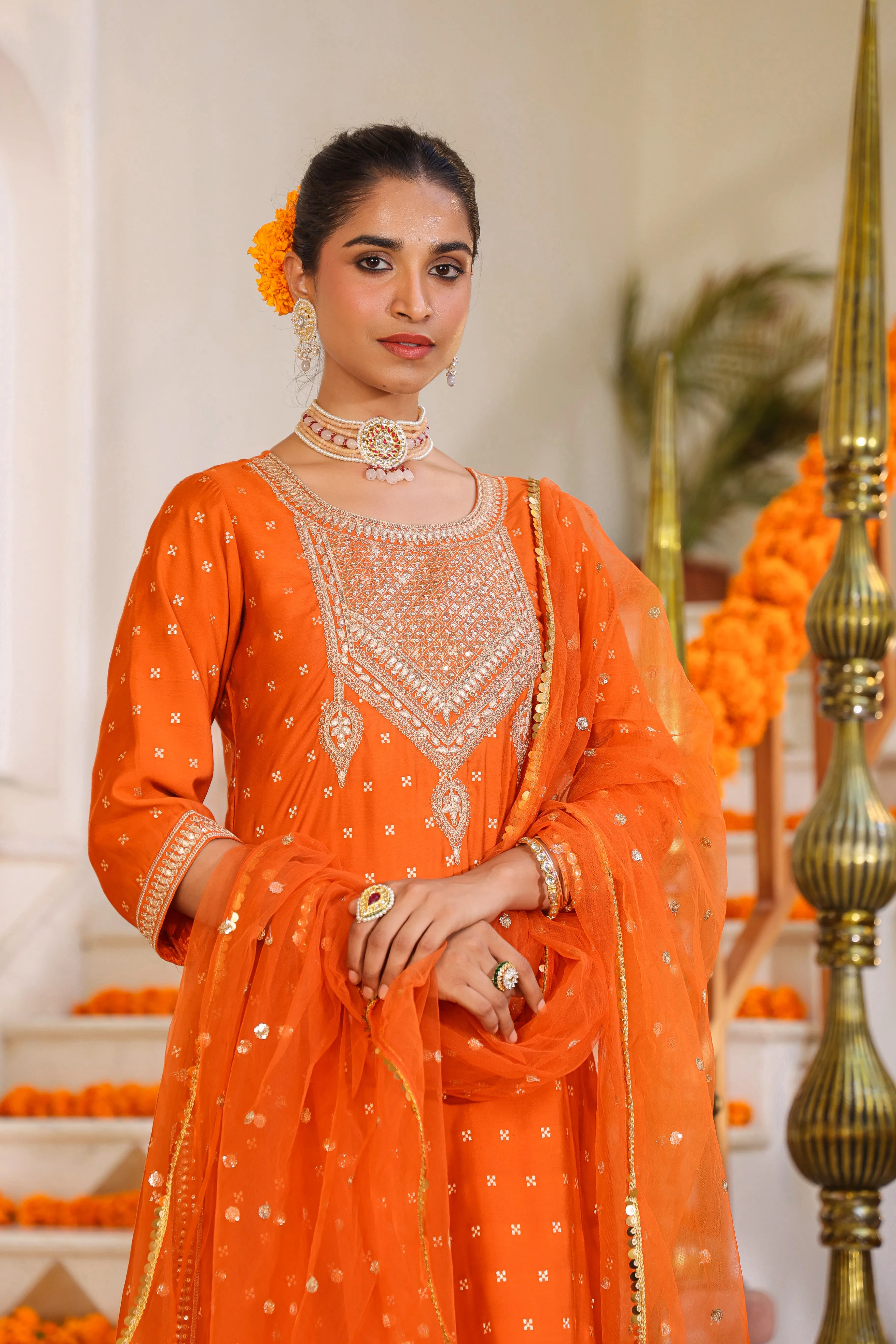 Women Orange Chanderi Embroidered Kurta, Palazzo & Dupatta Set