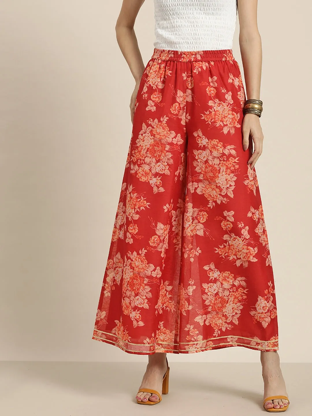 Women Red Floral A Line Pants