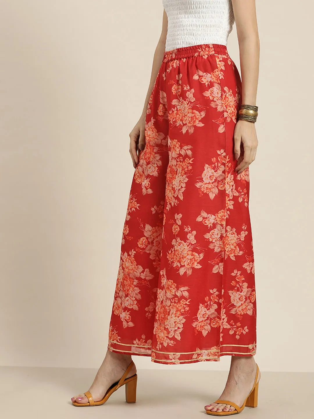 Women Red Floral A Line Pants