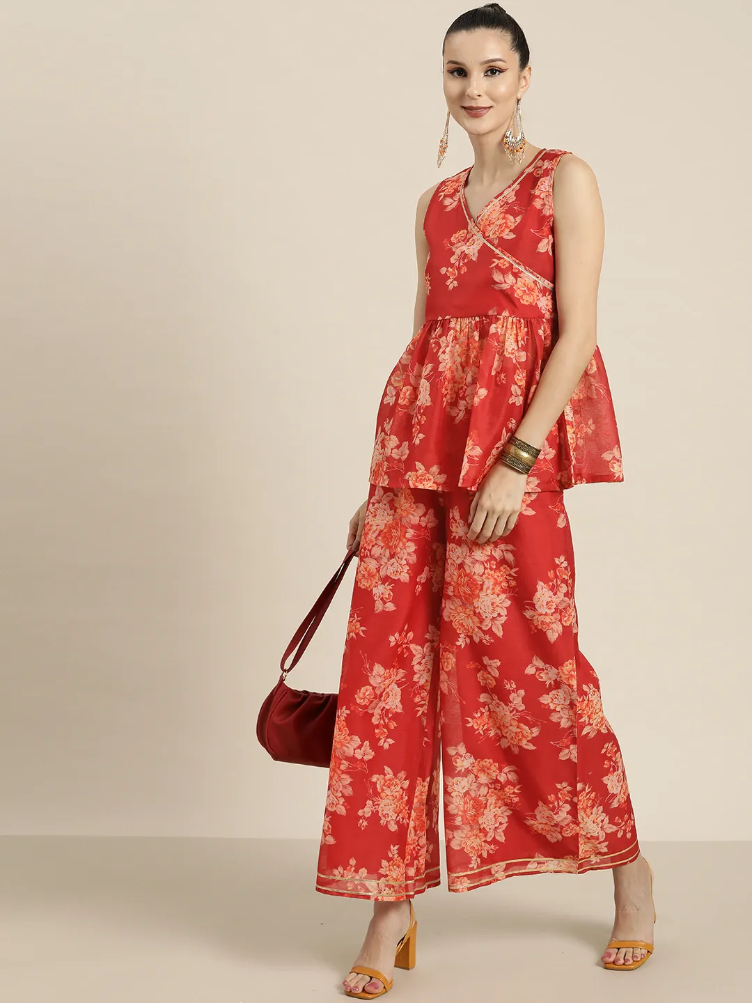 Women Red Floral A Line Pants