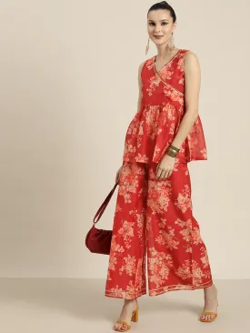 Women Red Floral A Line Pants