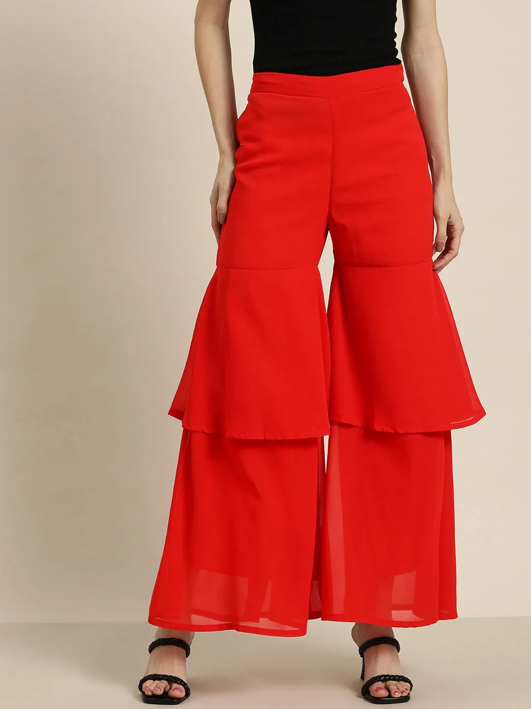 Women Red Layered Sharara Pants