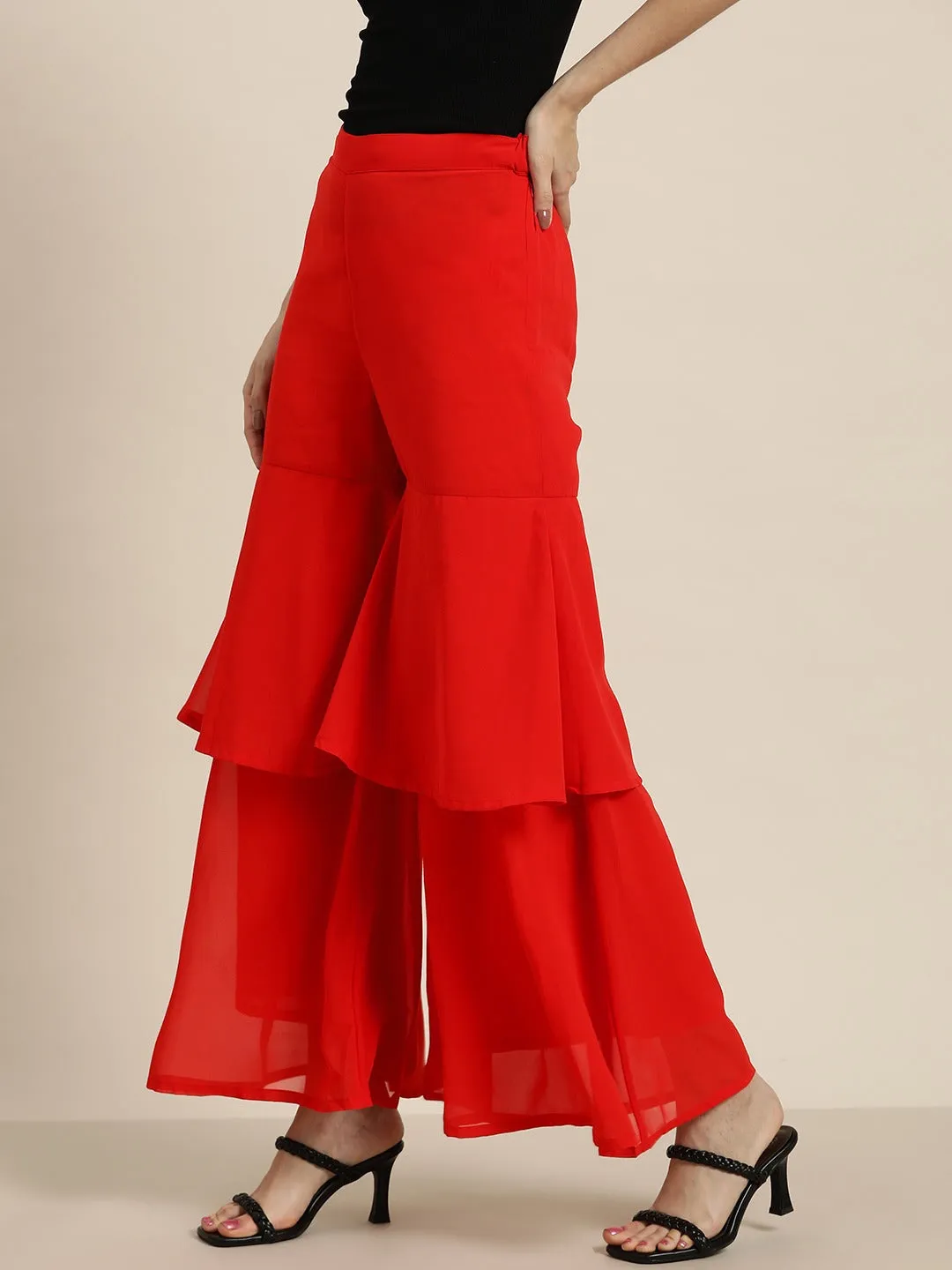 Women Red Layered Sharara Pants