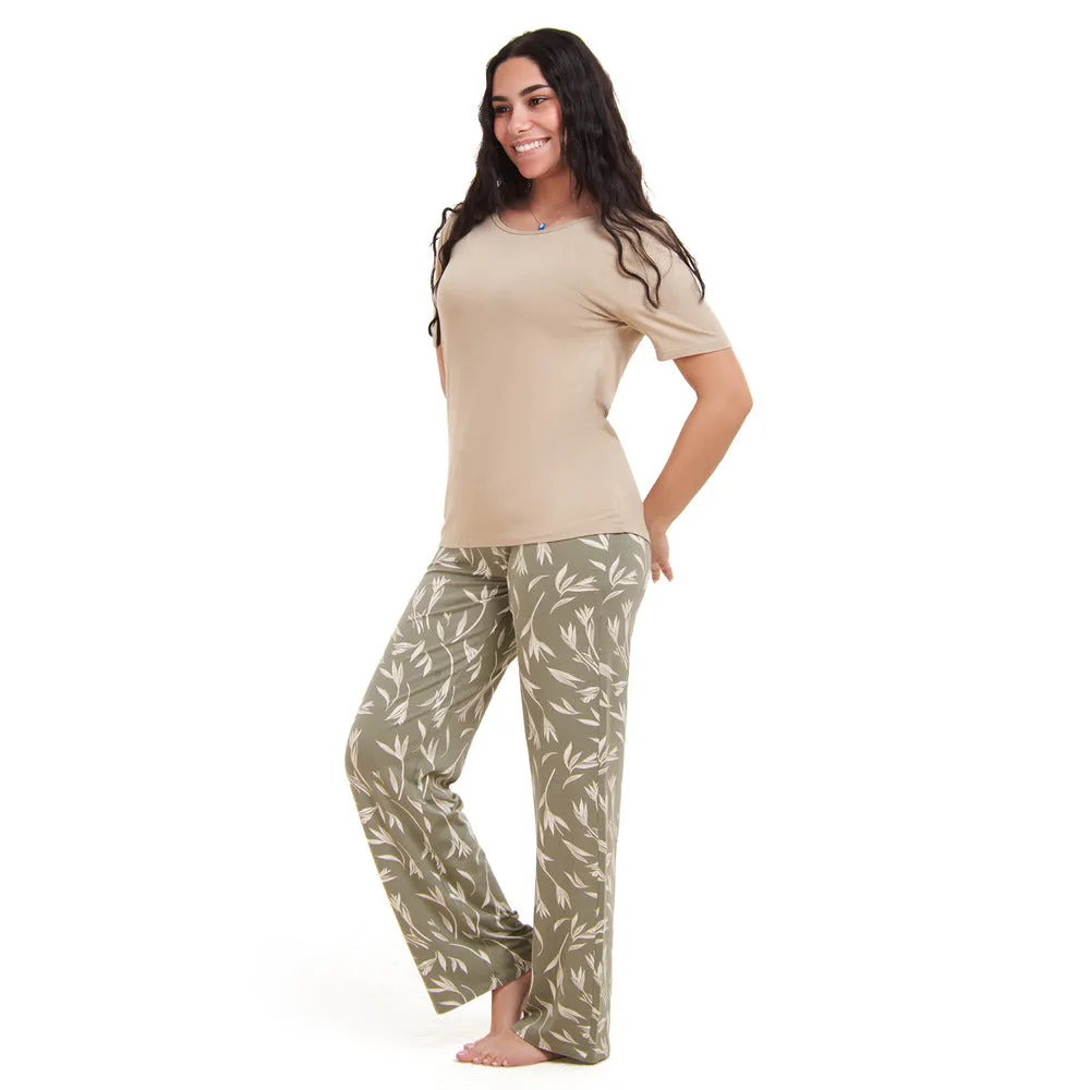 Women summer pajama set Beige top   Pastel Willow pants