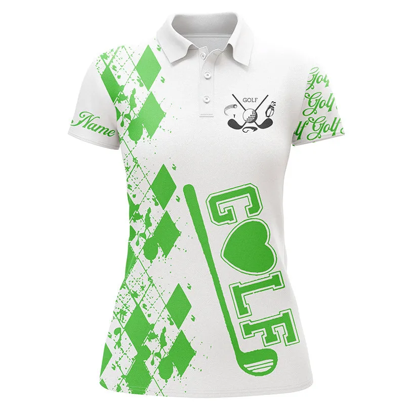 Womens Golf Polo Shirt Custom Name Multicolor Golf Clubs White Golf Shirt For Women, Gifts For Golf Lovers