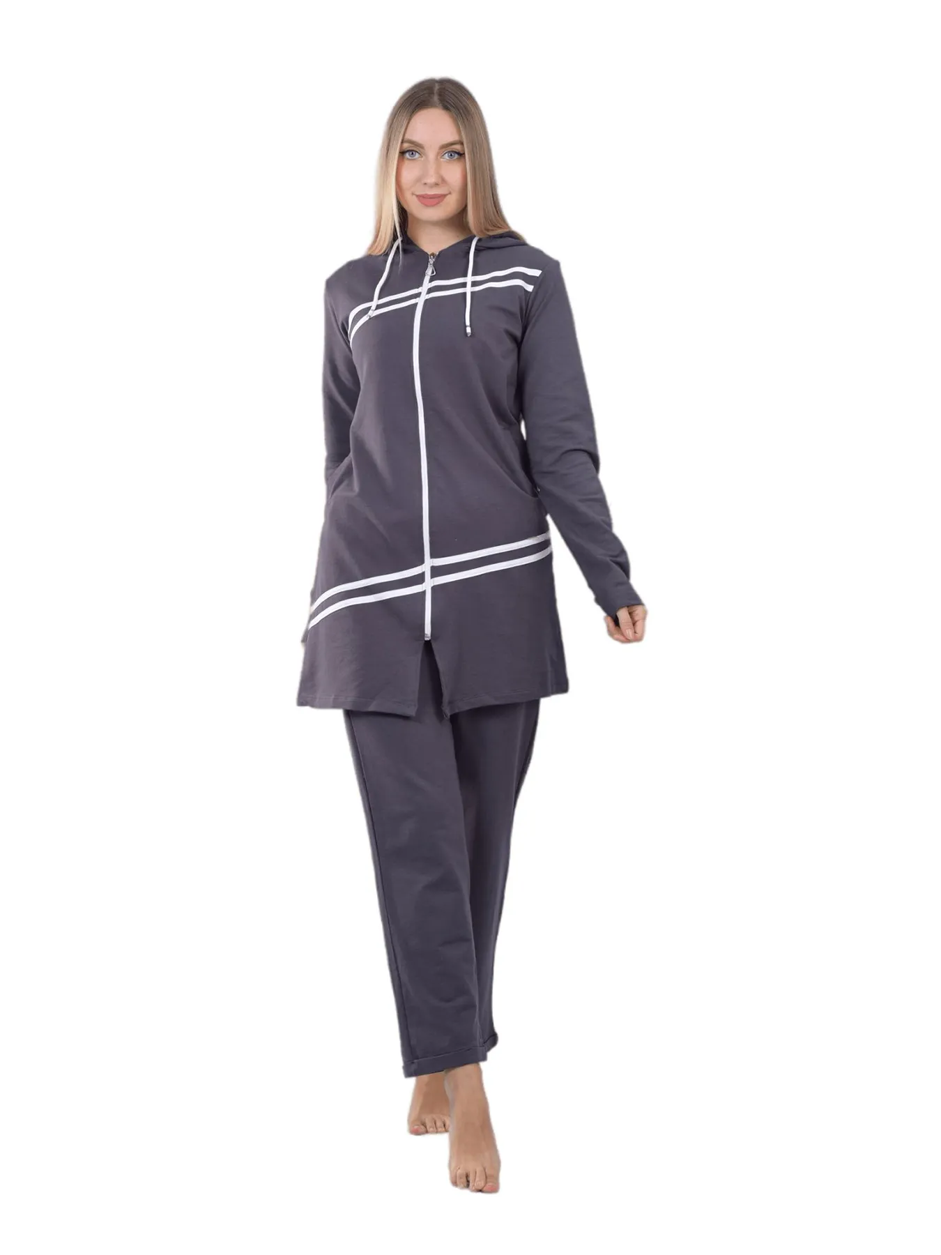 Women's Long Hoodie Sweatshirt and Pants Set - Grey