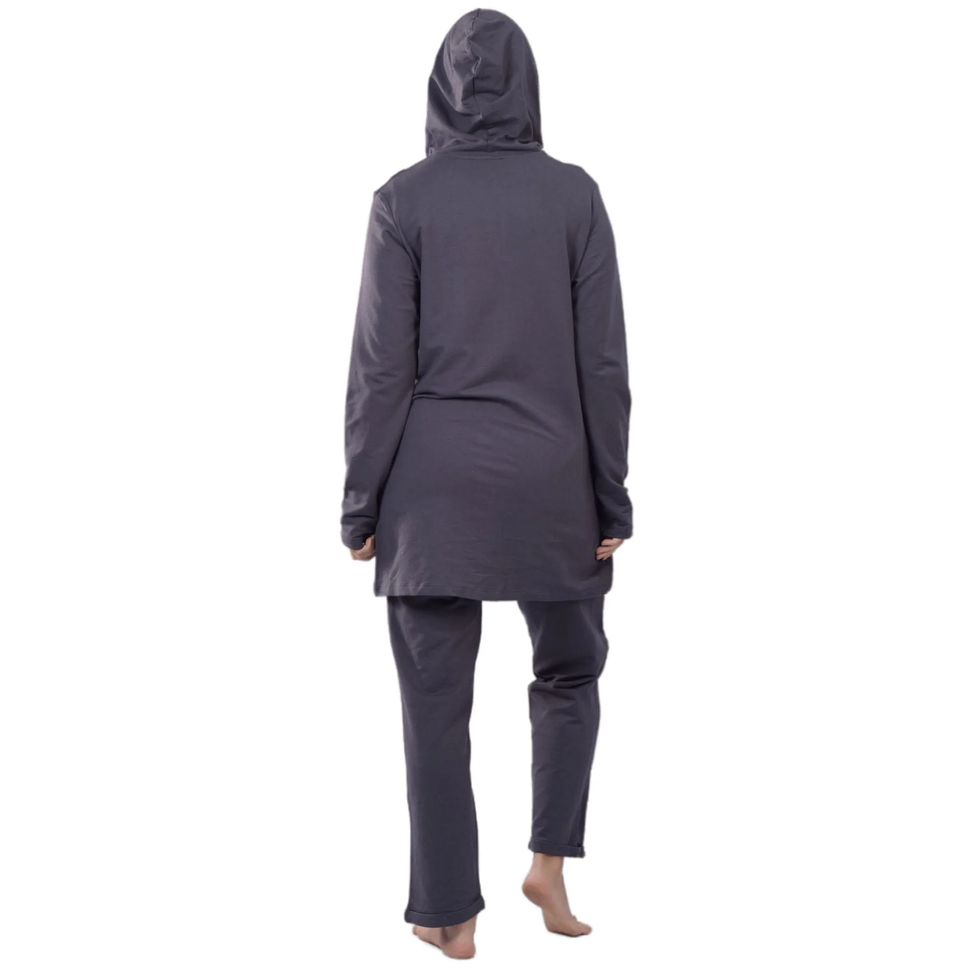 Women's Long Hoodie Sweatshirt and Pants Set - Grey