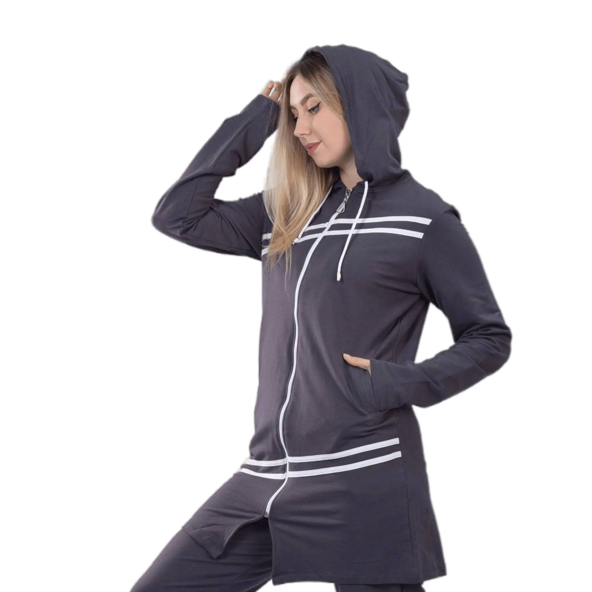 Women's Long Hoodie Sweatshirt and Pants Set - Grey