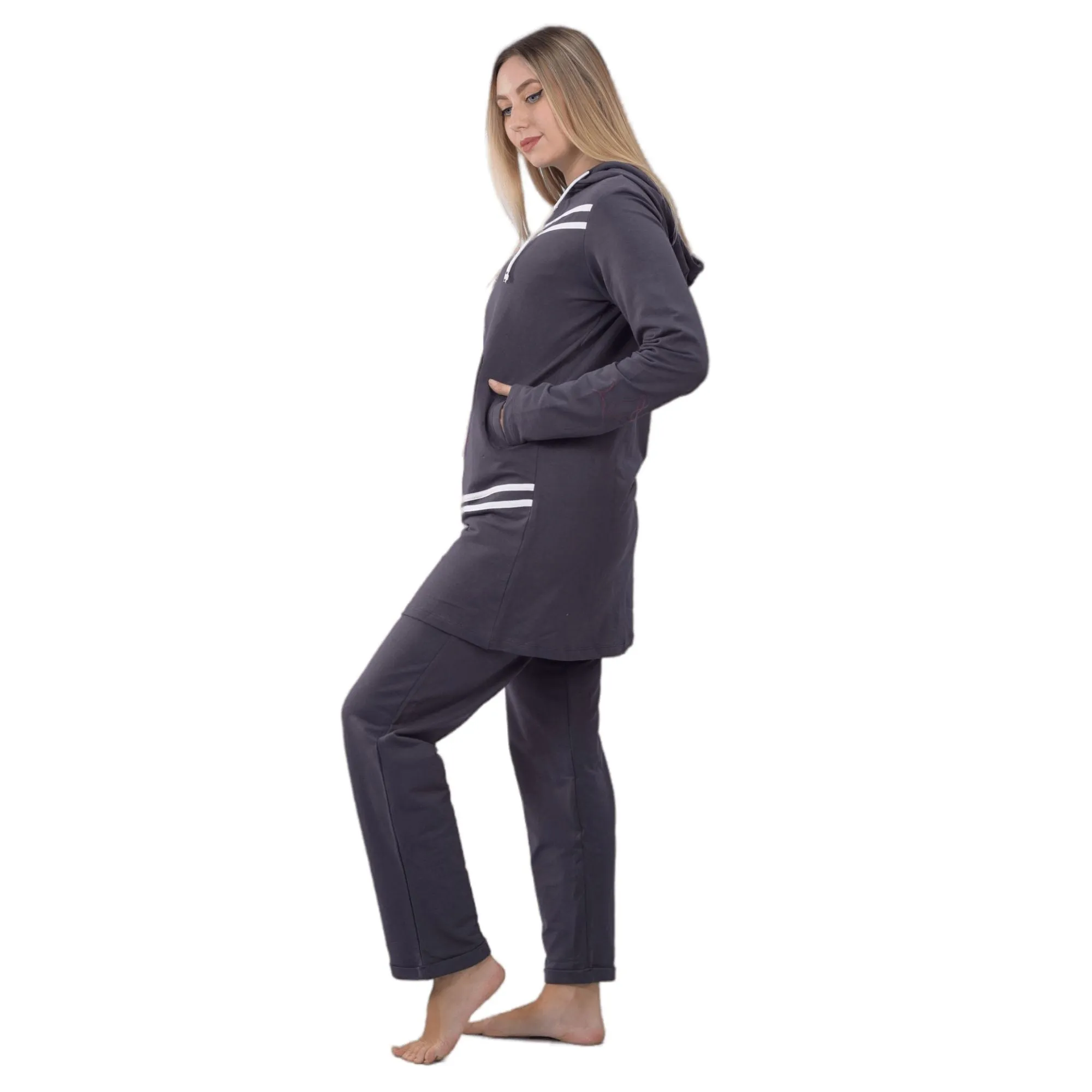 Women's Long Hoodie Sweatshirt and Pants Set - Grey