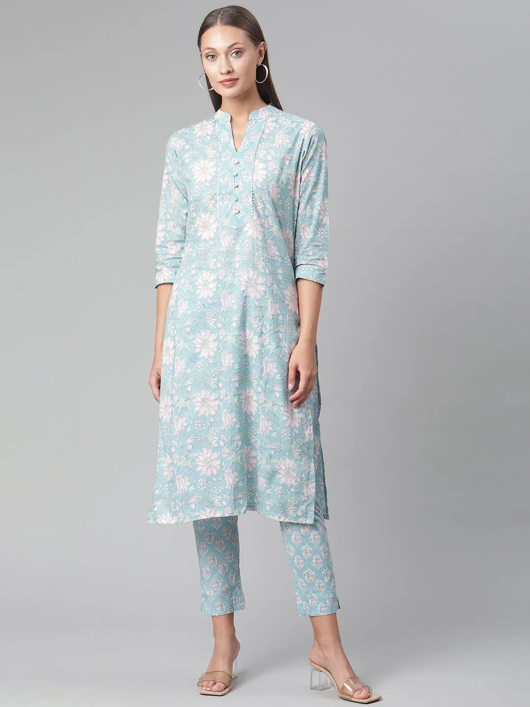 Women'S Sky Blue Cotton Kurta Pant Set