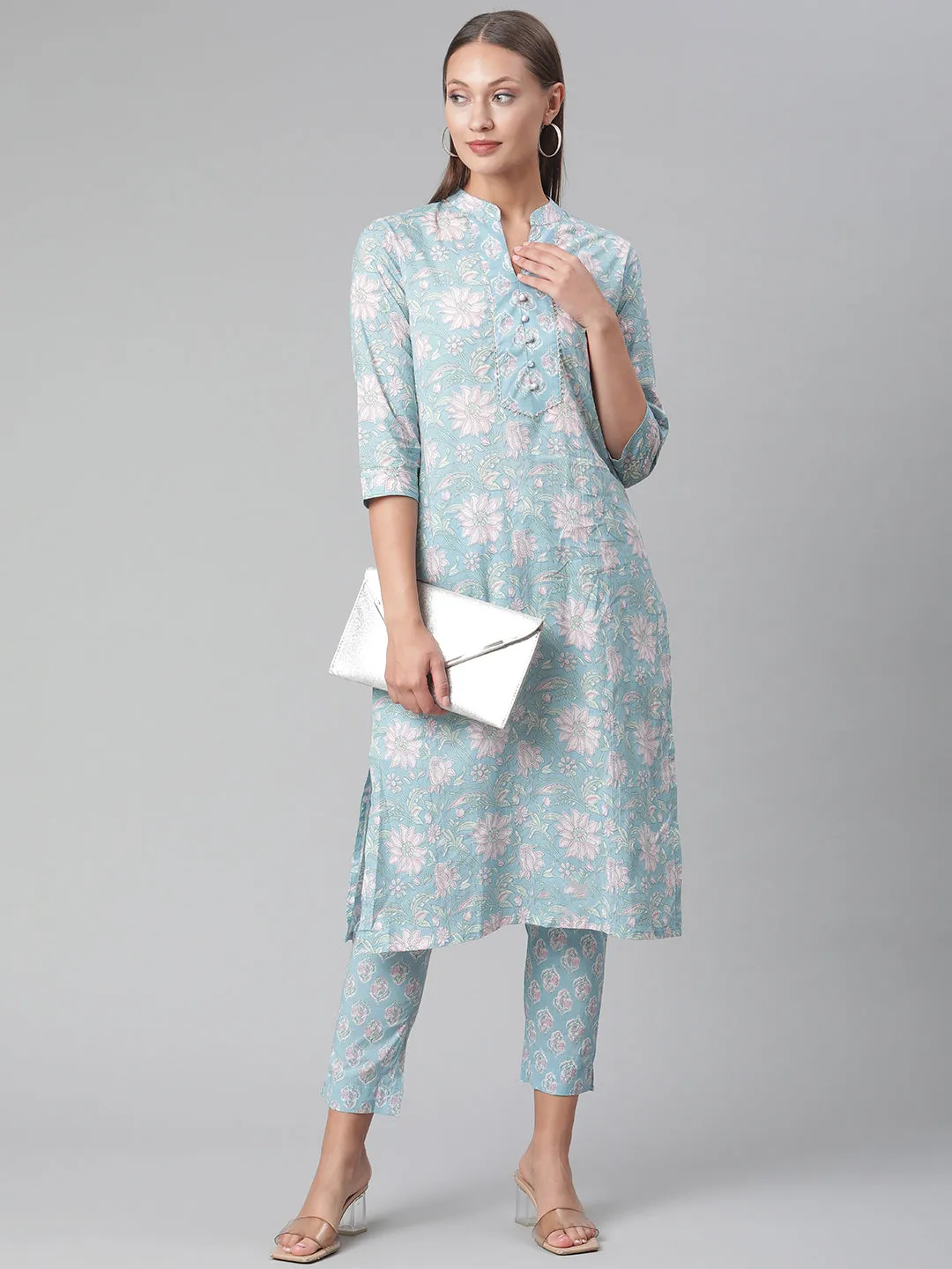 Women'S Sky Blue Cotton Kurta Pant Set