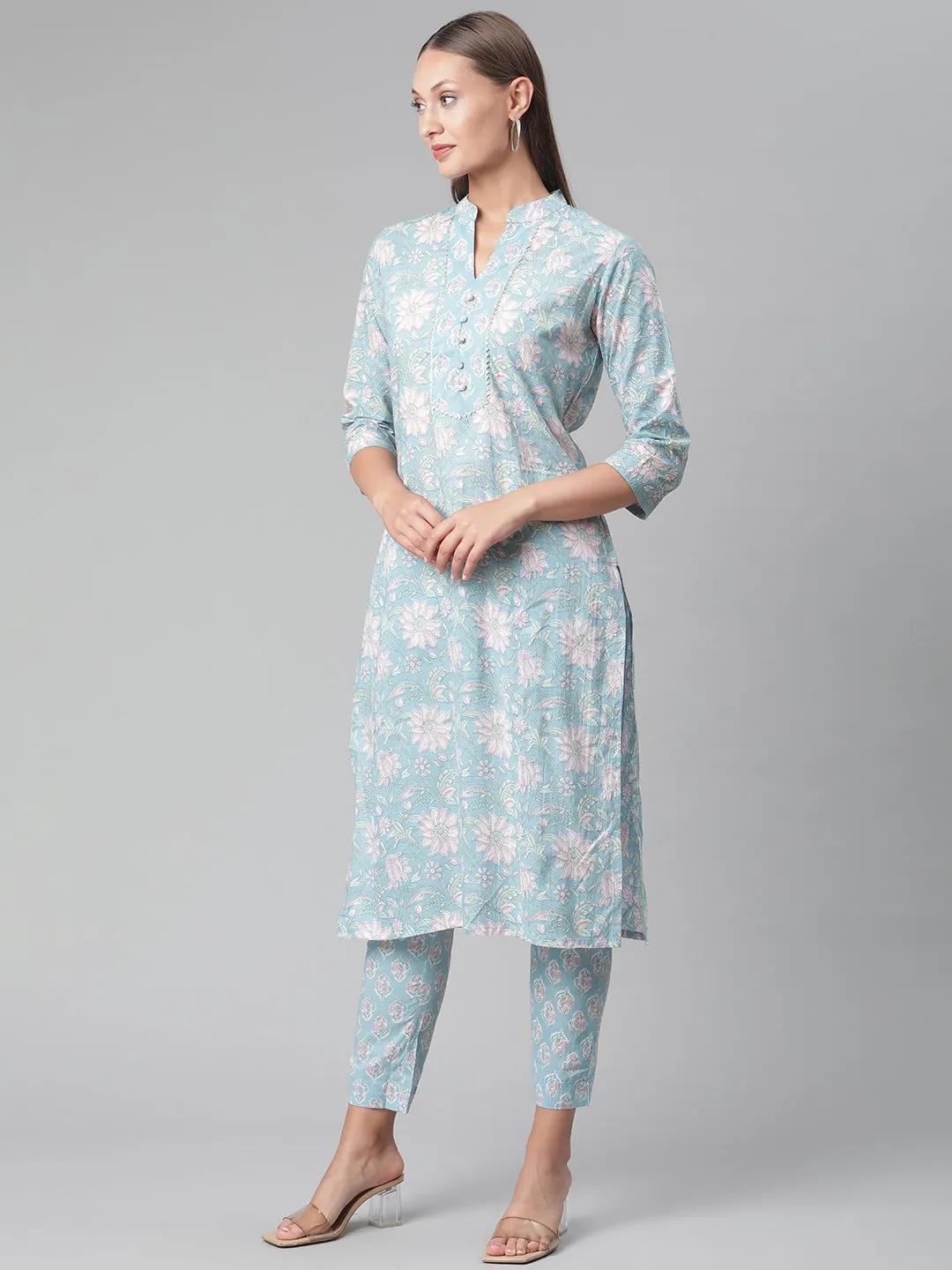 Women'S Sky Blue Cotton Kurta Pant Set